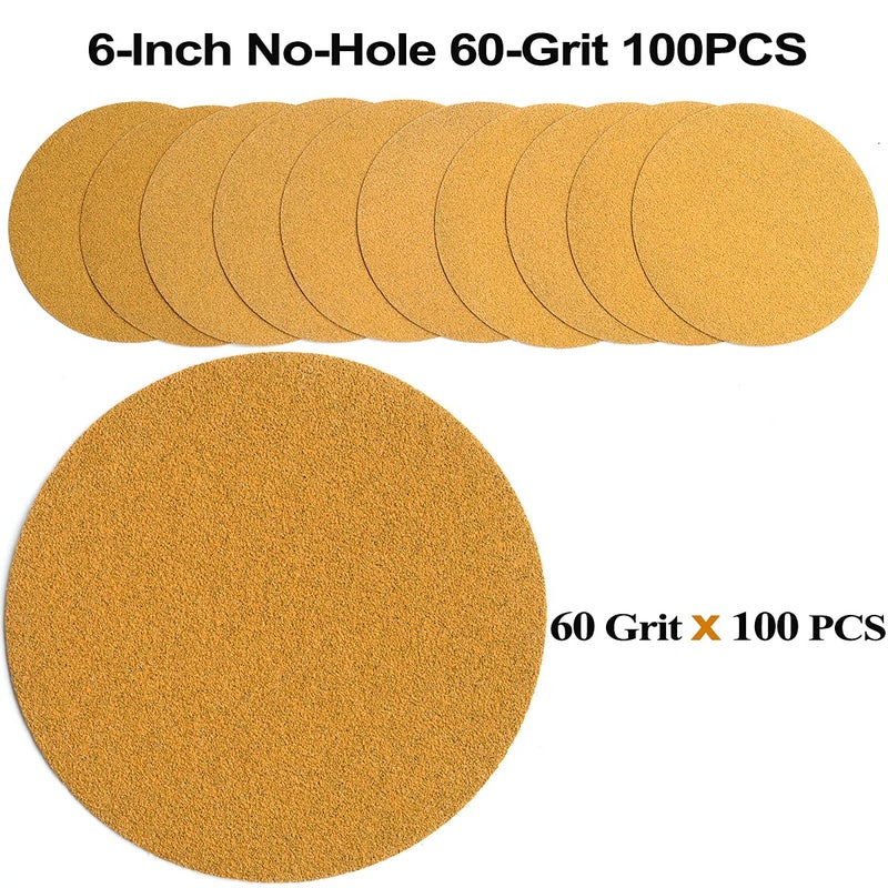 Aiyard 6-Inch No-Hole Hook and Loop Sanding Discs 60-Grit, Random Orbital Sandpaper for Automotive and Woodworking, 100-Pack - Image 2